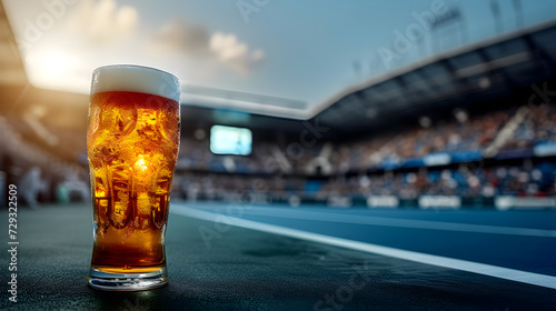 Cinematic wide angle photograph of a beer pint glass at a tennis court. Product photography.