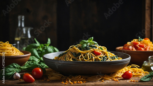 A variety of colorful pasta types vibrant green spinach fettuccine, rich red tomato infused linguine, and golden strands of saffron infused spaghetti on a rustic Italian-inspired backdrop