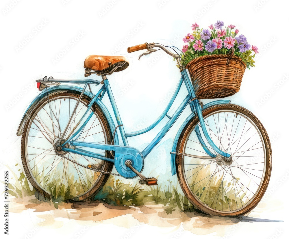 Watercolour of blue beach bike with a small bouquet of flowers in the basket - AI Generated Digital Art