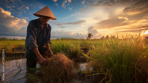 People in Vietnam, Korea, and the islands harvest rice in the field. photo