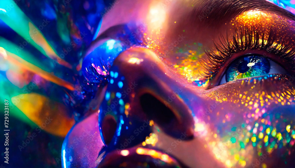 shiny multi-colored makeup on a woman's face. Selective focus.