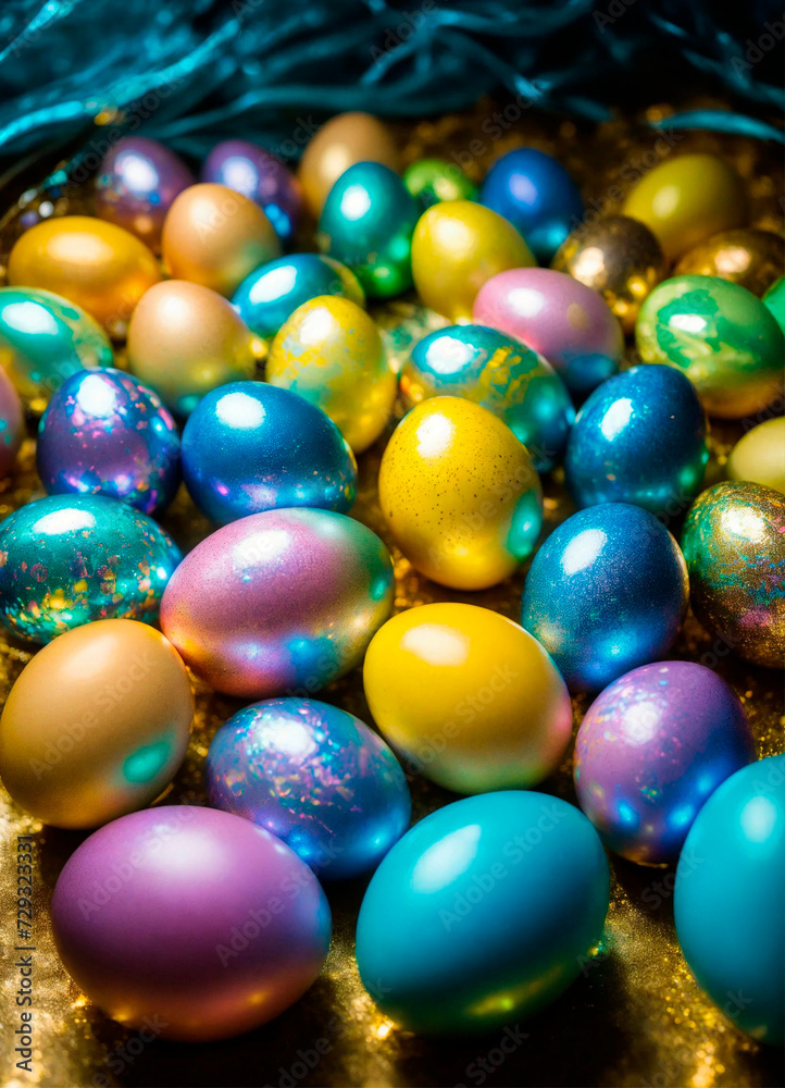 holographic Easter eggs on a shiny background. Selective focus. holographic Easter eggs on a shiny background. Selective focus.