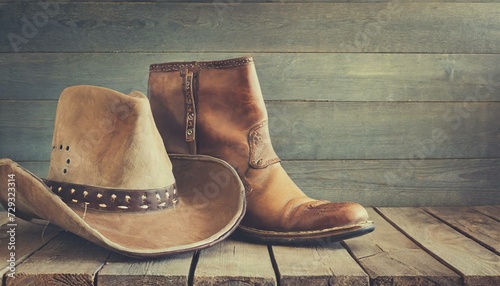 Wild West retro cowboy hat and pair of old leather boots on wooden floor. Vintage style filtered photos