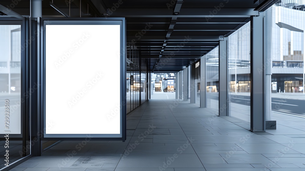 Blank white billboard standing in a urban street near modern building with glass windows. copy space. mockup
