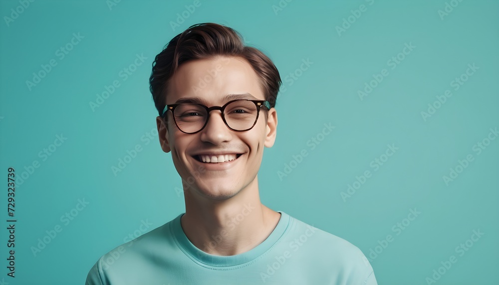 Portrait of young smiling man wearing glasses isolated on turquoise background with space for inscriptions or text.generative ai Portrait of young smiling man wearing glasses isolated on turquoise background with space for inscriptions or text.generative ai