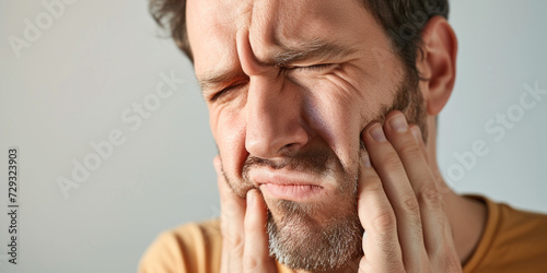 Male pressing sore cheek on studio background. Adult man suffers acute toothache, periodontal disease, cavities or jaw pain almost crying with pain ache photo