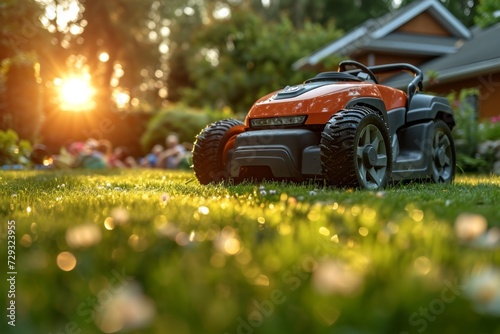 A robotic lawn mower stands on the lawn near the house at sunset