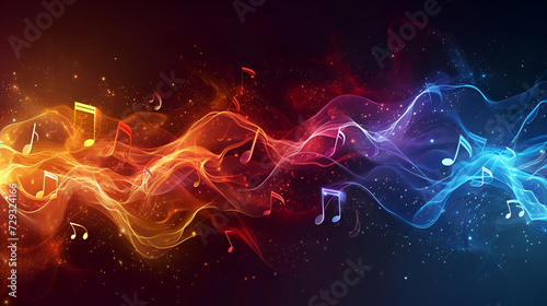 Music notes. Abstract musical background. Colorfull abstract music notes on line wave background. Generative ai 