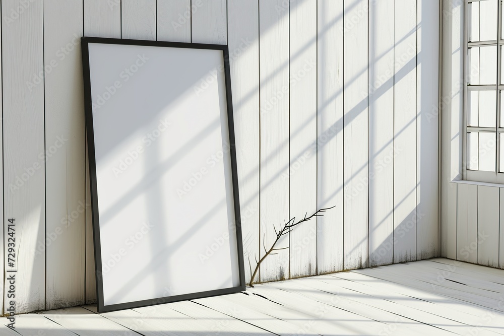 thin a3 sized frame mockup leaning against a white wooden wall, reflections of windows, tilted side view