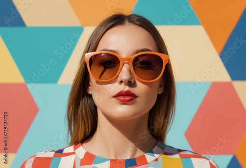 colorful abstract portrait of a woman in modern sunglasses, with a background made of various geometric shapes and patterns