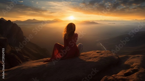 woman s silhouette sitting on a rock at sunset on a mountain peak. generative ai