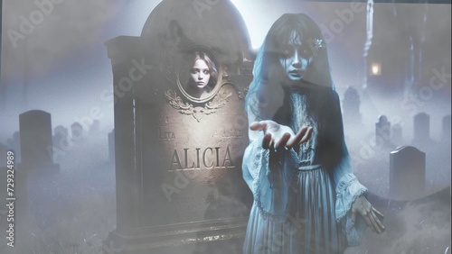 Eerie Ghostly Woman Among Tombstones in Nighttime Ceremony