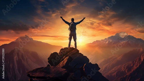 Silhouette of successful man on mountain top, sports and sunset landscape. generative ai