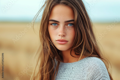 A young woman with long hair and blue eyes stands in a field of wheat. Grey sky with vibrant colors.