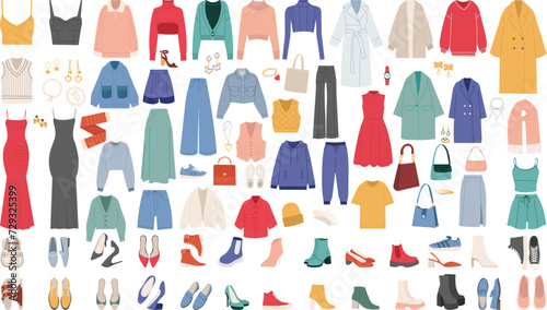 set of clothes and shoes, jewelry in flat style vector photo