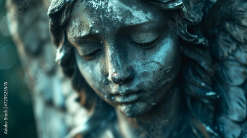 A close-up of a statue of a sad-looking angel with wings. The angel has a greenish-blue hue and is covered in moss. The statue is made of stone and is quite weathered.