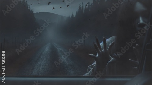 Enchanting Female Ghost Gazing Through Car Windshield in Night Forest