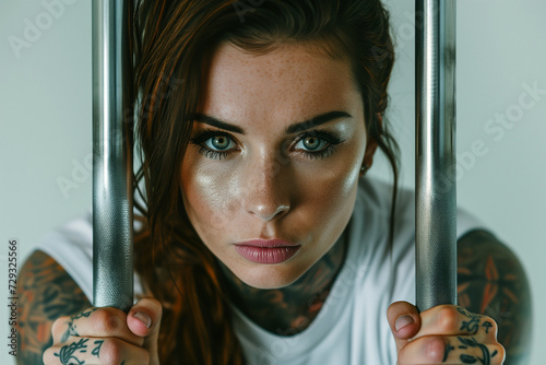 A woman with tattoos on her body and arms, holding onto bars. photo