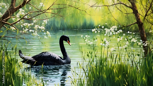 A beautiful lake view with an elegant black swan swimming through aquatic grass growing in green lake water, under freshly growing willow branches on a sunny day in early spring