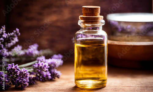 lavender essential oil in bottles. Selective focus.