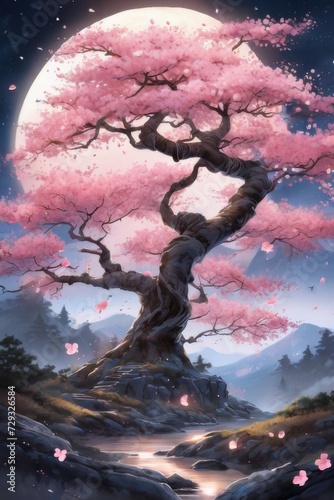 a cherry blossom tree in the night with full moon generative ai