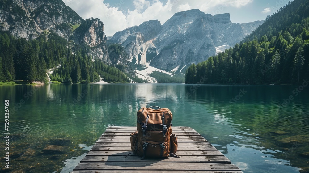 Fototapeta premium Serene mountain lake with backpack on wooden pier
