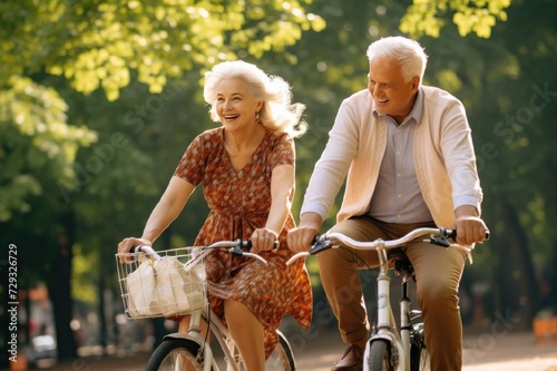 Active senior couple riding bicycles in summer park, woman in skirt and hat on bicycle, summer residents laughing and riding a bicycle