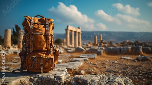 Backpack in front of Ancient Ruins
