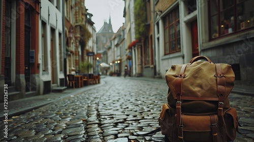 European Cobblestone Street with Backpack