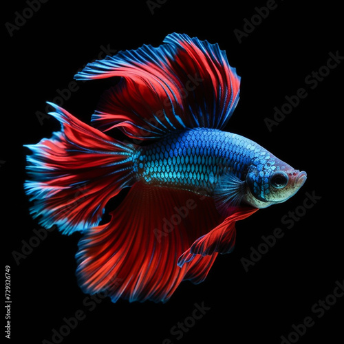 Fighting fish, a blue fighting fish with a glistening light red tail, moves gracefully and calmly against a dark black background. Contrasting hues add a touch of fascination to the water movement.