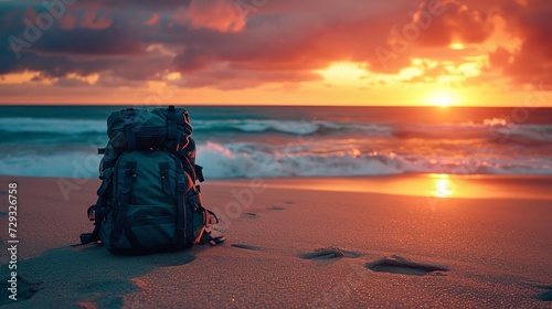 Backpack on Sandy Beach at Sunset photo
