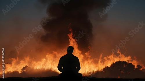 The silhouette of a man looking at a fire