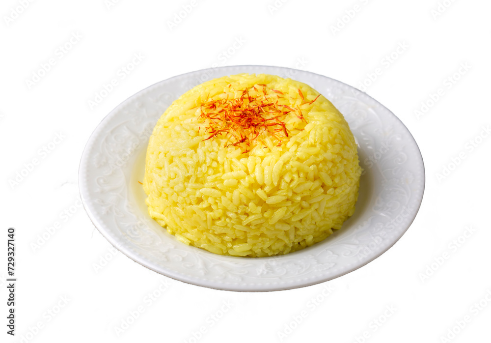 A plate of saffron rice pilaf (Turkish name; safranli pilav)