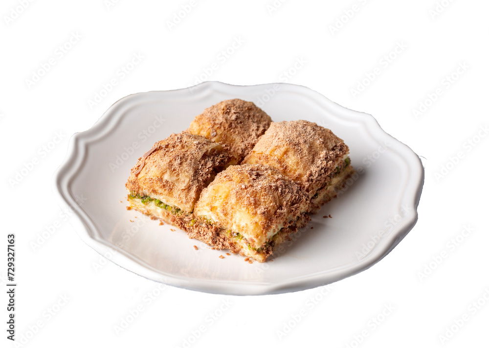 Traditional turkish new dessert cold milky baklava with pistachio (Turkish name; soguk baklava) Traditional turkish new dessert cold milky baklava with pistachio (Turkish name; soguk baklava)