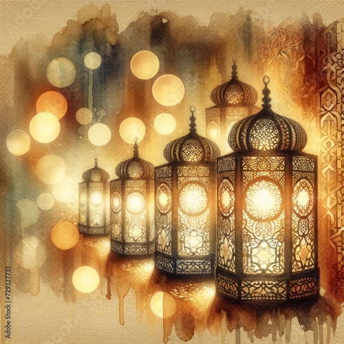 a row of ornate, traditional lanterns with intricate arabesque patterns