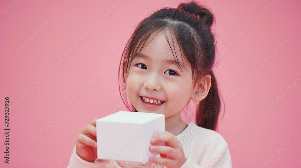 Joyful Korean Girl Interacting with Small White Box on Pink Background Joyful Korean Girl Interacting with Small White Box on Pink Background