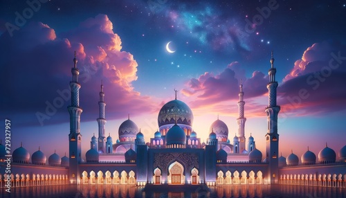 a majestic mosque with multiple domes and minarets under a twilight sky