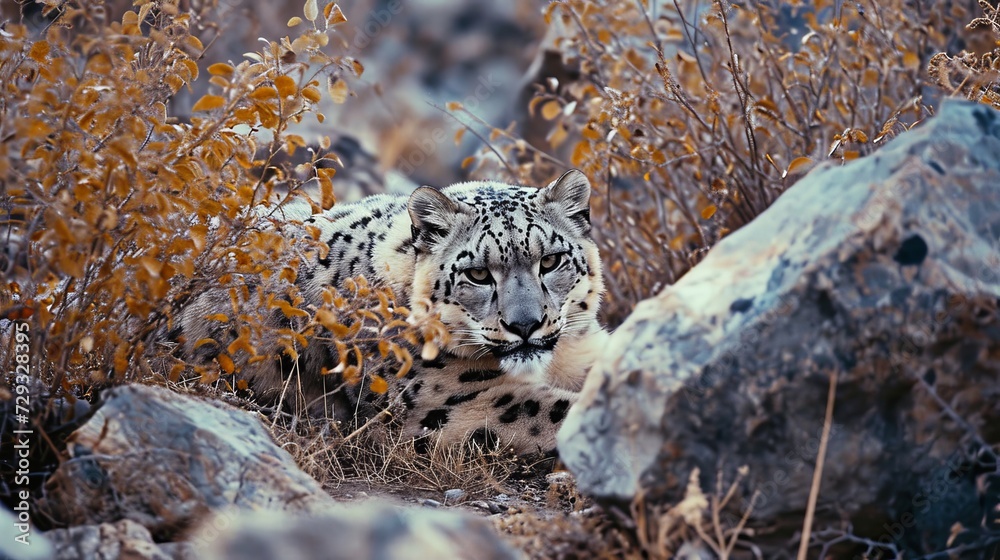 Camouflaged Snow Leopard Waiting for Prey Camouflaged Snow Leopard Waiting for Prey