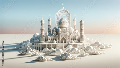 a mosque with many domes and minarets, rising above the clouds in a paper-cut style © Riz
