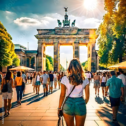 A woman in front of Berlin's Brandenburg Gate (created by an AI)
