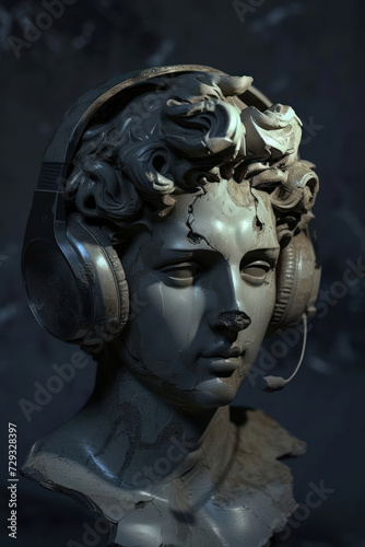 A classical sculpture with headphones, blending ancient art and contemporary music