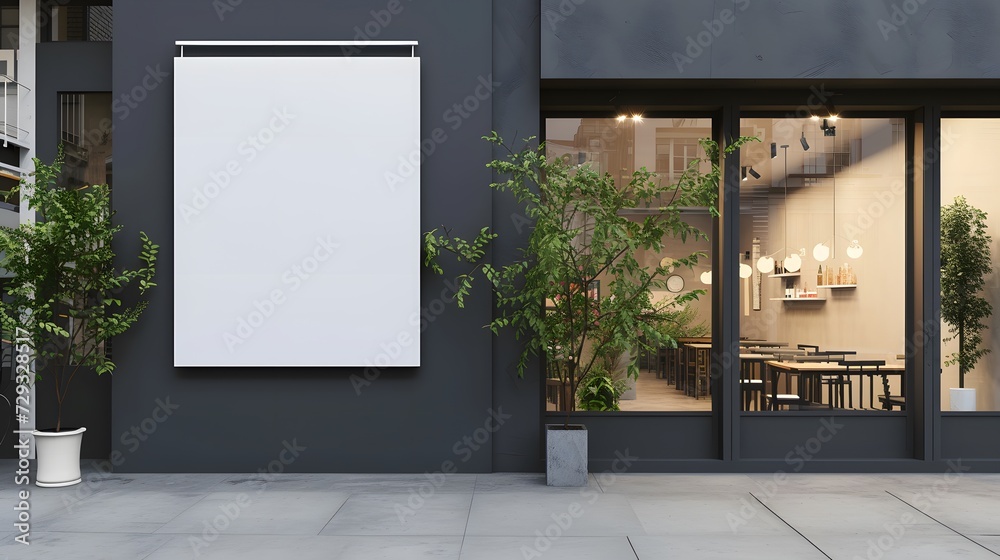 Blank whiteboard on the wall in front of coffee shop, near the the entrance glass door. restaurant, outdoors. front view. copy space, mockup product. - obrazy, fototapety, plakaty 