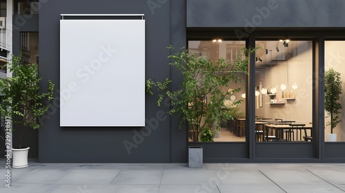 Blank whiteboard on the wall in front of coffee shop, near the the entrance glass door. restaurant, outdoors. front view. copy space, mockup product. photo