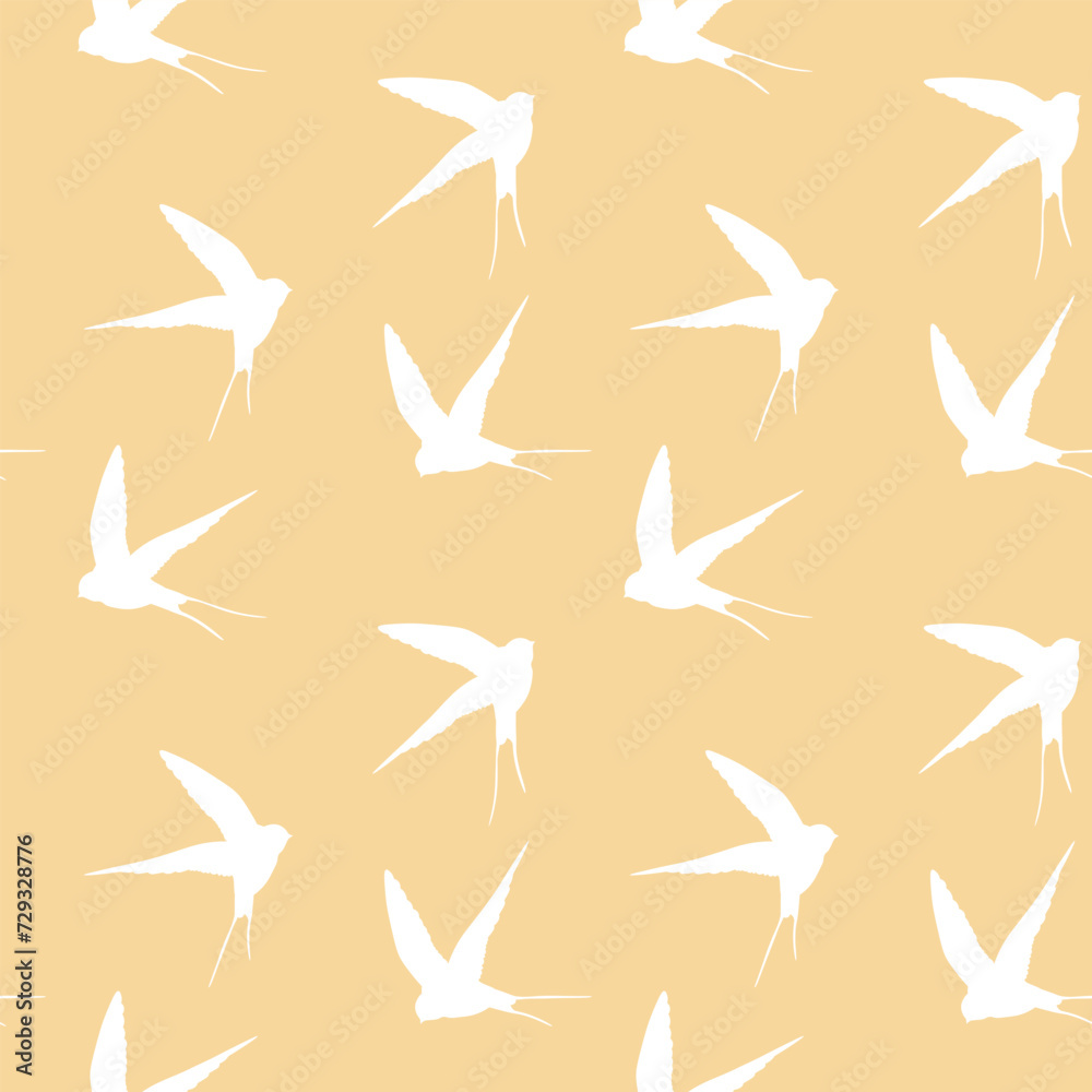 Seamless pattern with swallow silhouette on color background. Cute bird in flight. Vector illustration. Doodle style. Design for invitation, poster, card, fabric, textile Seamless pattern with swallow silhouette on color background. Cute bird in flight. Vector illustration. Doodle style. Design for invitation, poster, card, fabric, textile