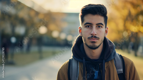 Garoto jovem usando uma mochila no Campus da faculdade  photo