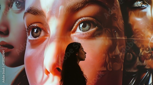 Woman Surrounded by Idealized Female Figures Accentuating Societal Pressures