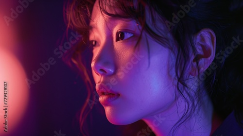 Korean Woman with Casual Attire on Deep Purple Background