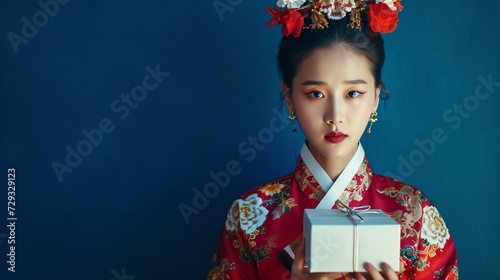 Korean girl in traditional attire with a small white box