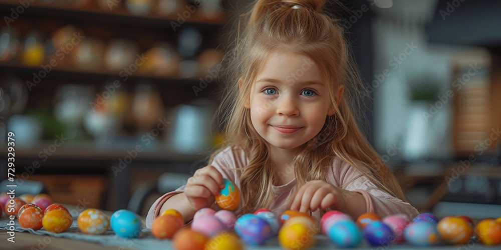 Fototapeta premium The girl is happily preparing for Easter, painting eggs, surrounded by colorful decorations and laughter.