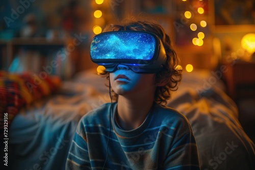 Child with VR headset in his home, playing video games, experiencing metaverse, immersive futuristic virtual reality experience © steevy84
